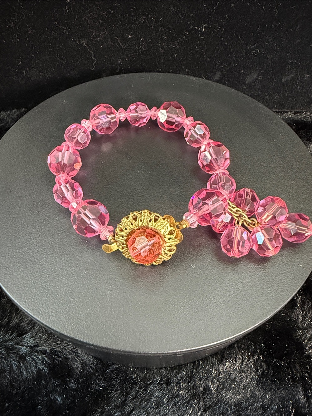 Vintage Pink Crystal Beaded Bracelet with Gold Accent